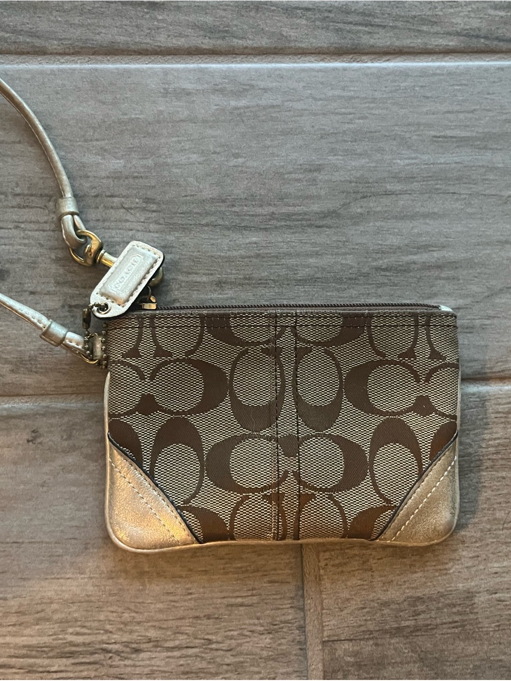 Coach Brown Signature Canvas Wristlet with Metallic Gold Trim